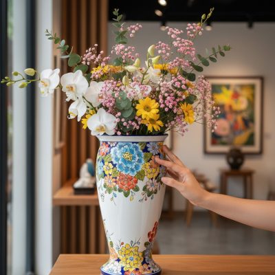 Cận cảnh lọ hoa dáng ly vẽ ngàn hoa đa sắc XG-L...