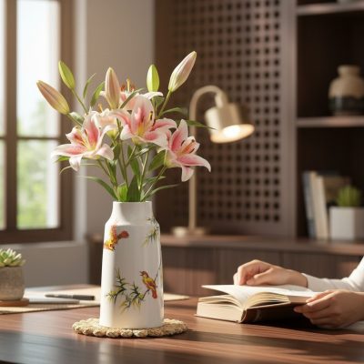 Lọ hoa gốm Bát Tràng chim tre cao 28cm đặt tran...