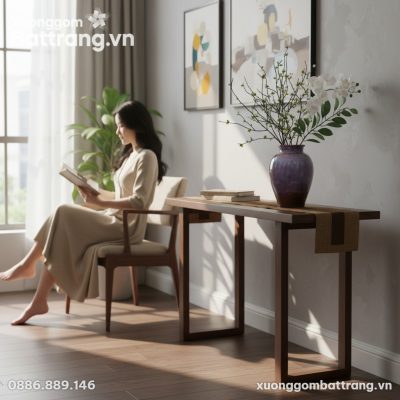 Lọ hoa men hỏa biến tím đặt trên bàn console gỗ...