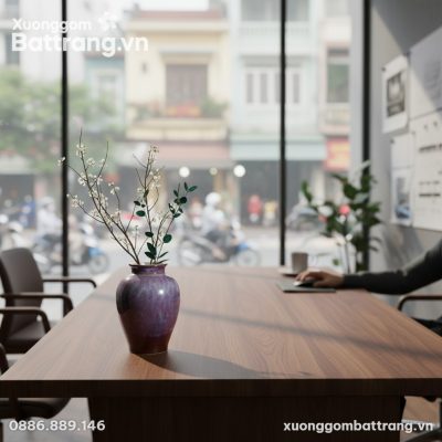 Lọ hoa men hỏa biến tím trang trọng trên bàn là...