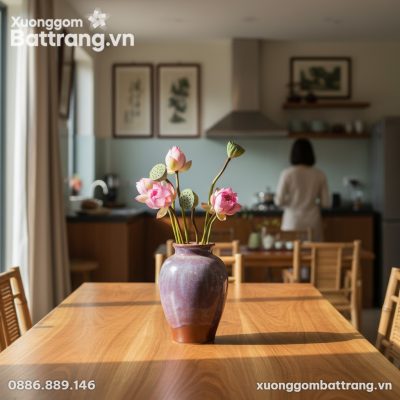 Lọ hoa dáng thạp men hỏa biến tím là trung tâm ...