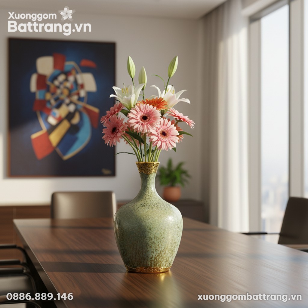 Lọ hoa men hoả biến xanh ngọc bọc đồng trên bàn...