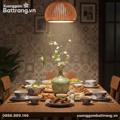 Bàn ăn gia đình Việt Nam ấm cúng với lọ hoa men...