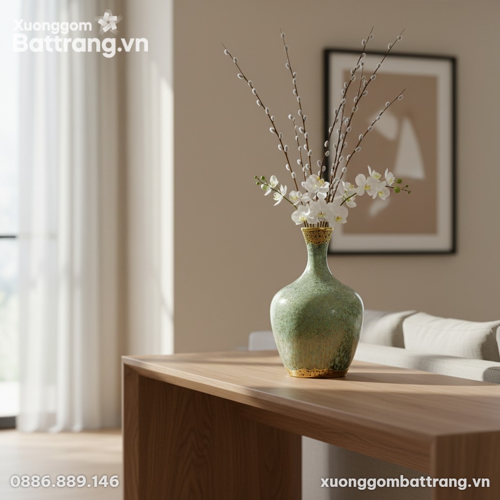 Lọ hoa men hoả biến xanh ngọc, miệng và chân bọ...