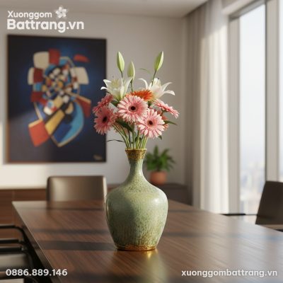 Lọ hoa men hoả biến xanh ngọc bọc đồng trên bàn...