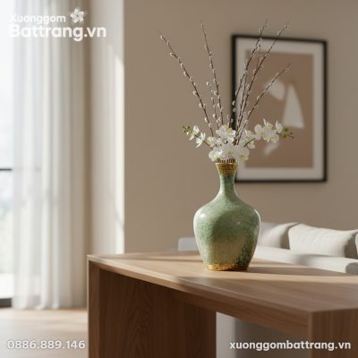 Lọ hoa men hoả biến xanh ngọc, miệng và chân bọ...