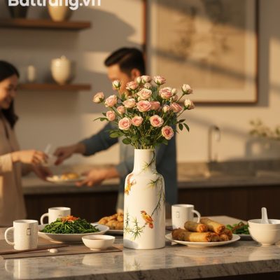 Bàn ăn gia đình ấm cúng với lọ hoa gốm Bát Tràn...