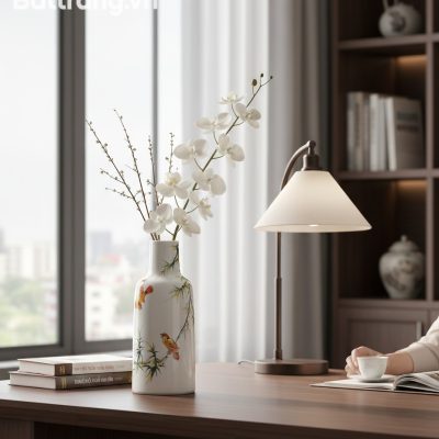 Góc làm việc yên bình với lọ hoa gốm Bát Tràng ...