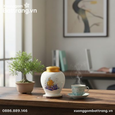 Lọ trà 'Thuận Buồm Xuôi Gió' đặt tinh tế trên b...