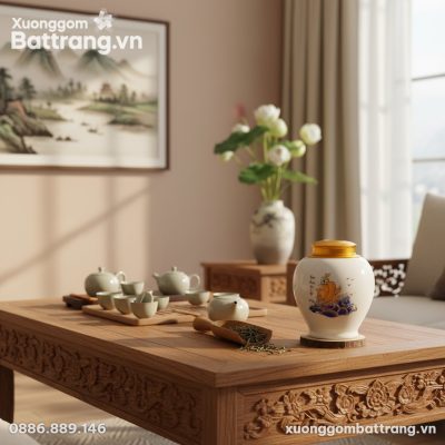 Lọ trà men trắng 'Thuận Buồm Xuôi Gió' với đế g...