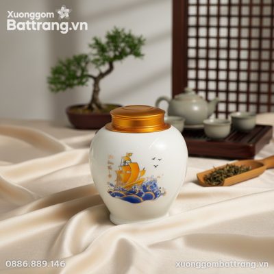 Cận cảnh lọ trà 'Thuận Buồm Xuôi Gió' với họa t...