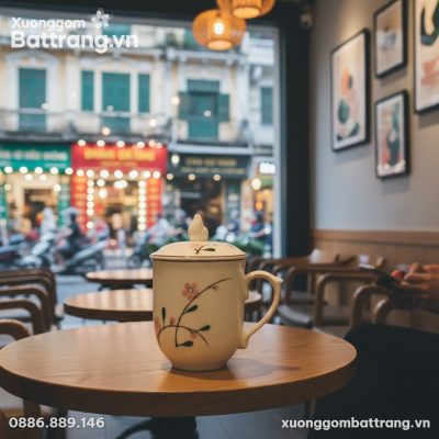 Cận cảnh ly sứ họa tiết cành đào hồng cao 10cm ...