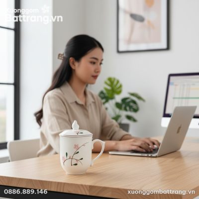 Ly sứ họa tiết cành đào hồng cao 10cm trên bàn ...