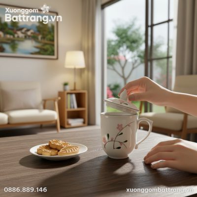 Ly sứ họa tiết cành đào hồng cao 10cm được đặt ...