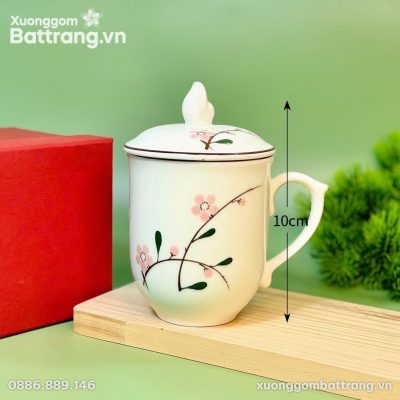 Kích thước Ly Sứ Có Nắp Họa Tiết Cành Đào Hồng XG-LS08