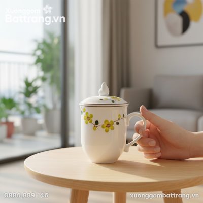 Một chiếc ly sứ Bát Tràng họa tiết hoa mai vẽ t...