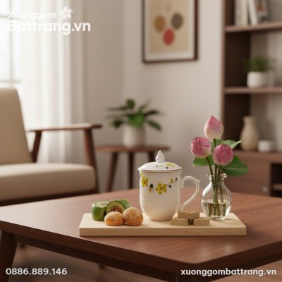 Một chiếc ly sứ Bát Tràng có nắp, cao 10cm, họa...