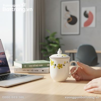 Cận cảnh chiếc ly sứ Bát Tràng họa tiết hoa vẽ ...