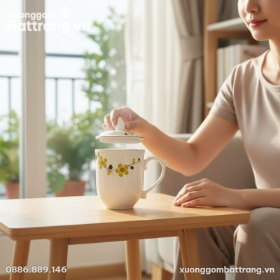 Một chiếc ly sứ Bát Tràng họa tiết hoa mai vẽ t...