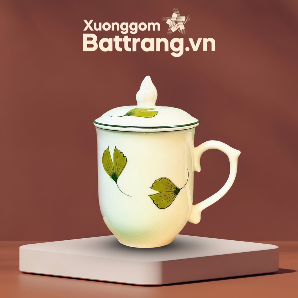 Ly Sứ Có Nắp Họa Tiết Lá Xanh Bát Tràng XG-LS05