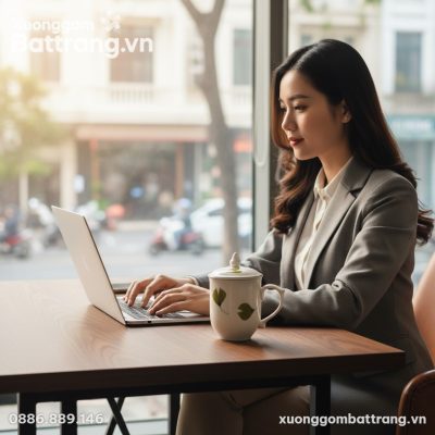 Ly sứ Bát Tràng họa tiết lá xanh trên bàn làm v...