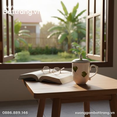 Cận cảnh ly sứ lá xanh trên bàn gỗ bên cửa sổ, ...