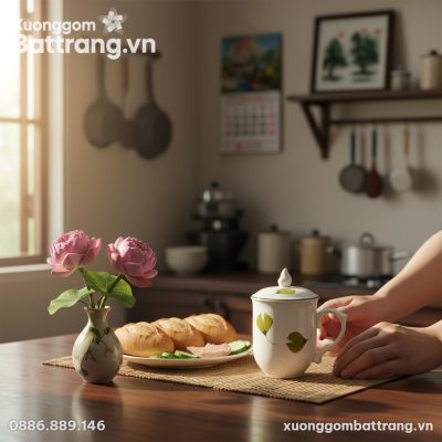 Ly sứ Bát Tràng có nắp lá xanh đặt trên bàn ăn ...