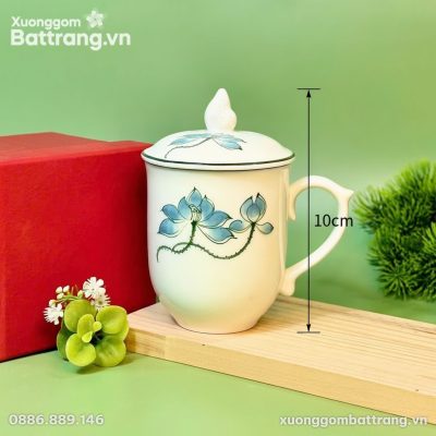 Kích thước Ly Sứ Có Nắp Họa Tiết Sen Xanh Vẽ Tay XG-LS11