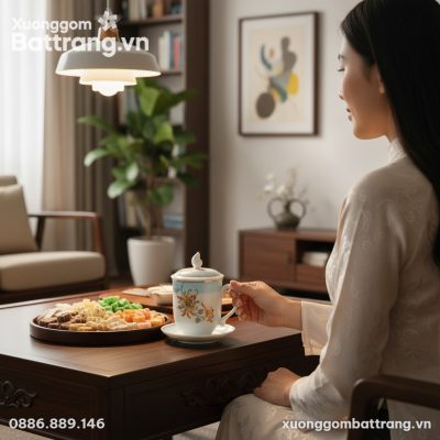 Một người phụ nữ thanh lịch Việt Nam đang nhẹ n...