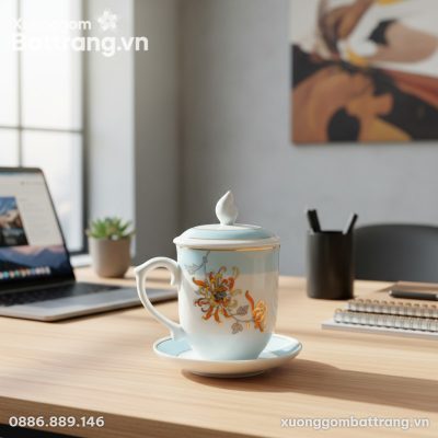 Cận cảnh bộ ly sứ có nắp và đĩa lót, họa tiết h...