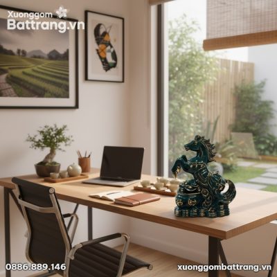 Tượng linh vật ngựa Phú Quý cao 28cm men xanh n...