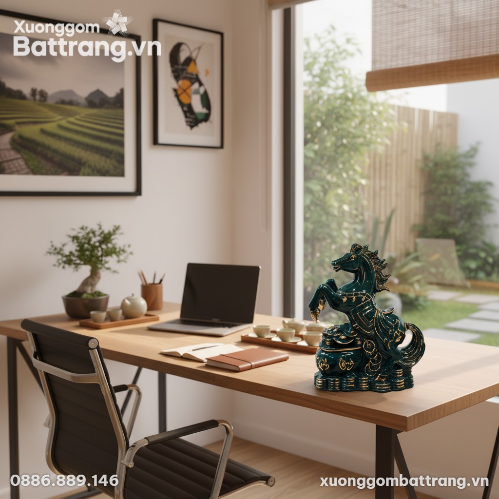 Tượng linh vật ngựa Phú Quý cao 28cm men xanh n...