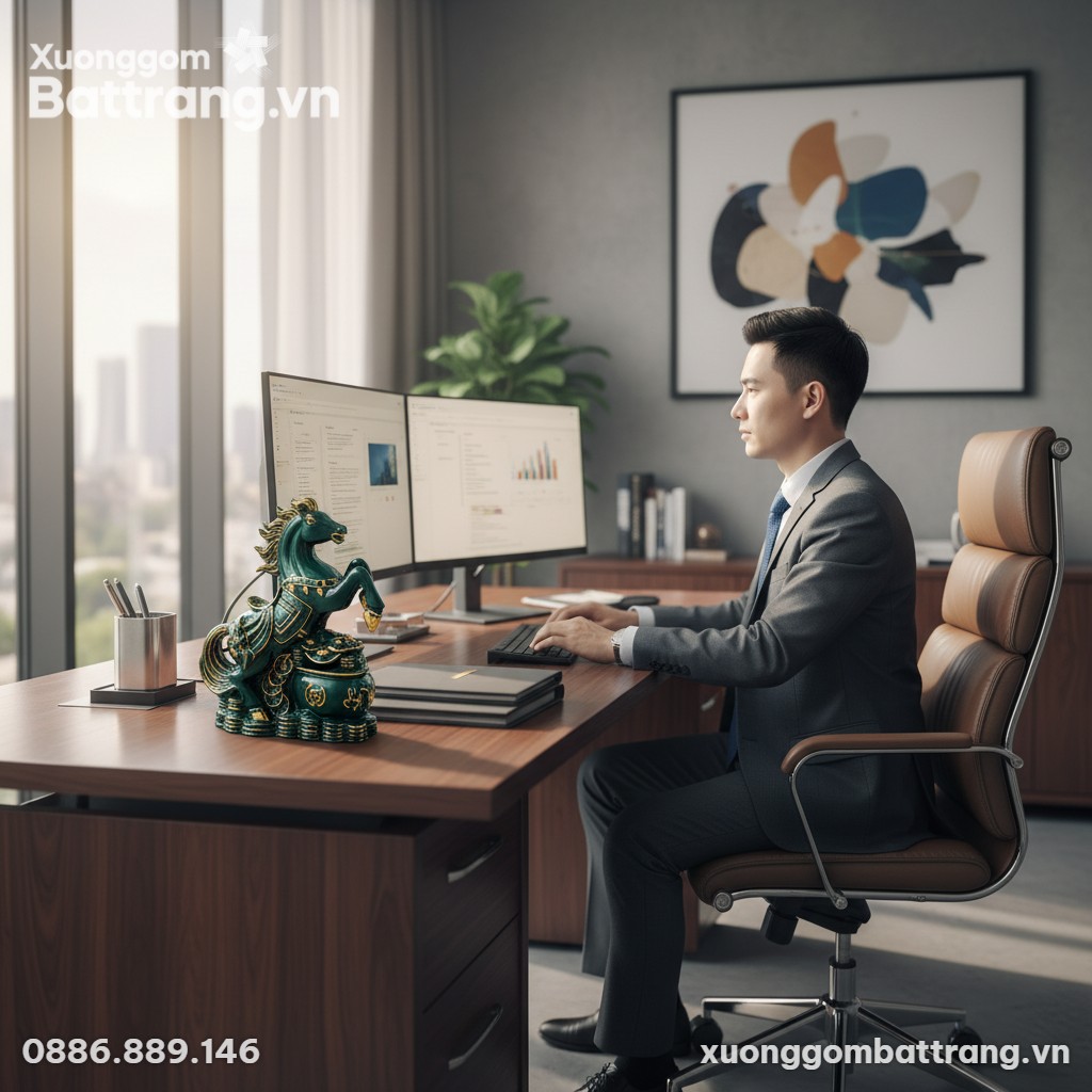 Tượng ngựa men xanh ngọc lục bảo cao 28cm đặt c...