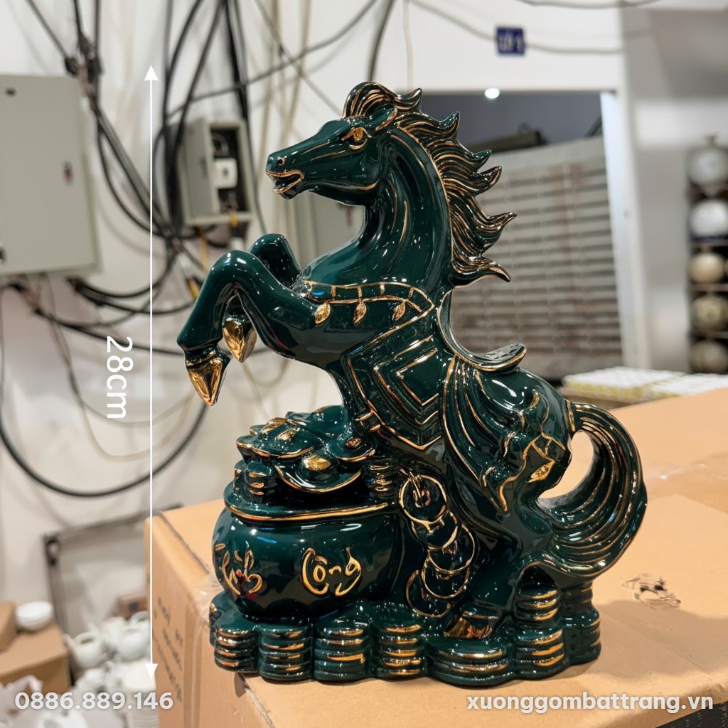 Kích thước Tượng Linh Vật Ngựa Phú Quý Men Xanh Lá Quà Tết Bính Ngọ 2026 XG-TG22