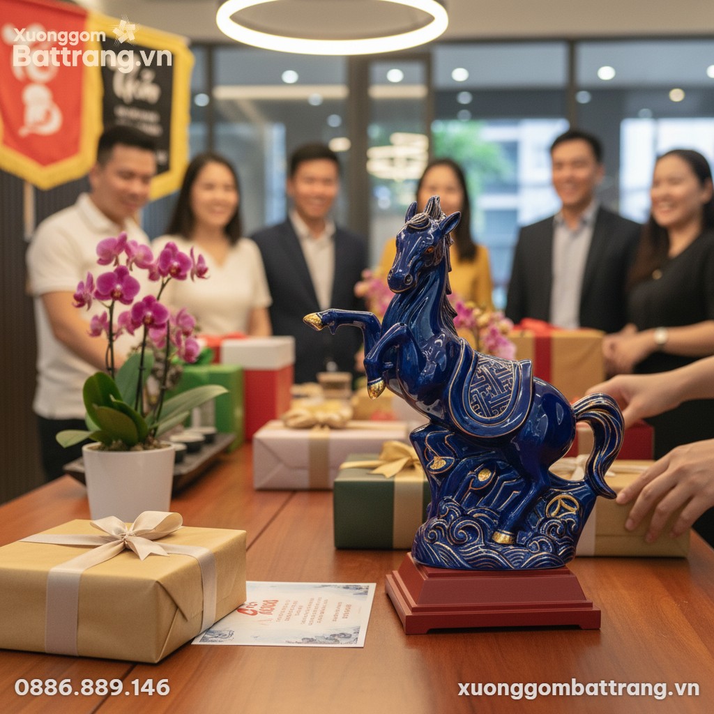 Tượng Ngựa Phi Mây gốm sứ Bát Tràng men xanh vớ...