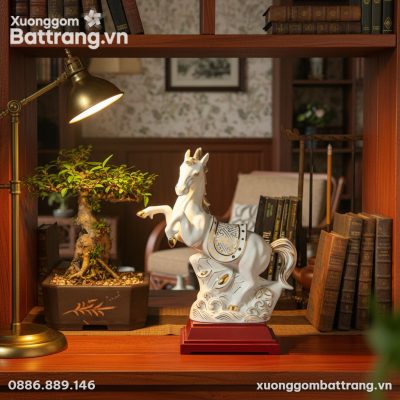 Tượng ngựa phong thủy gốm Bát Tràng men trắng v...