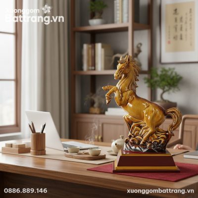 Tượng Ngựa Phong Thủy men hoàng thổ đặt trang t...