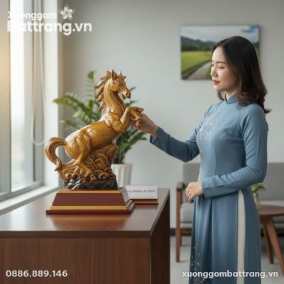 Tượng Ngựa Phong Thủy men hoàng thổ được đặt tr...