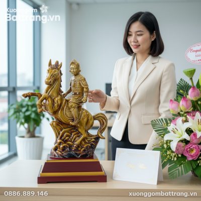Tượng Thánh Gióng cao 30cm, men hoàng thổ và đế...