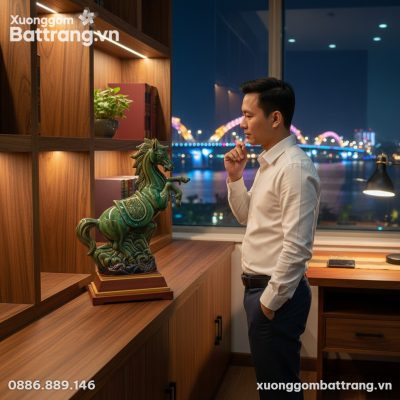 Bức tượng Thanh Mã gốm sứ Bát Tràng 41cm với me...