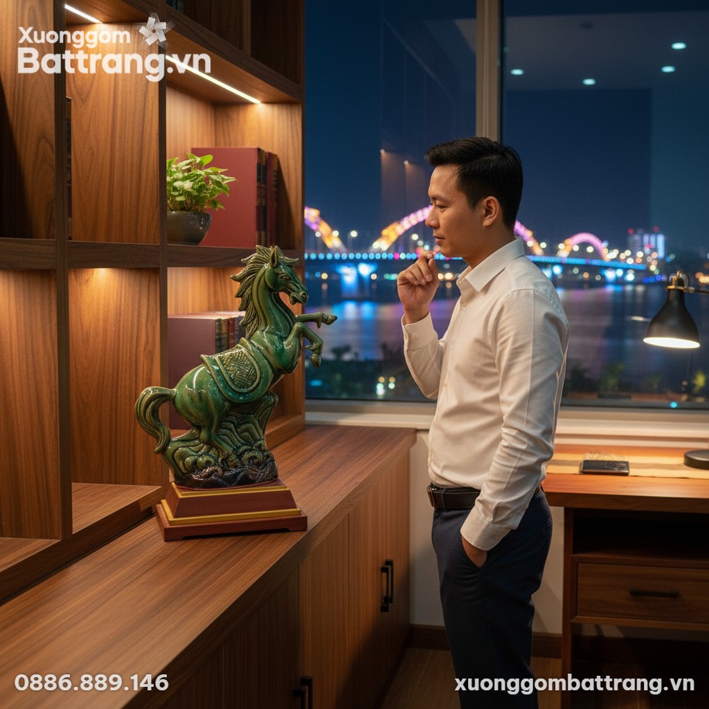 Bức tượng Thanh Mã gốm sứ Bát Tràng 41cm với me...