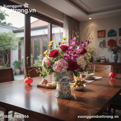 Bình hoa Bát Tràng cổ trụ 25cm vẽ tay ngũ sắc đ...