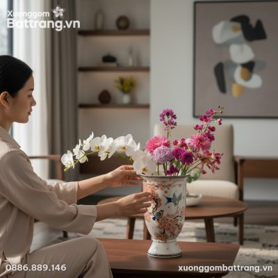 Bình hoa sứ Bát Tràng 30cm họa tiết chim én hoa...