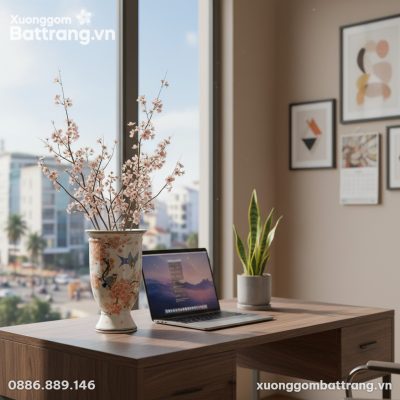 Bình hoa sứ Bát Tràng 30cm trên bàn làm việc gỗ...