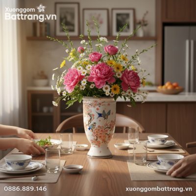 Bình hoa sứ Bát Tràng 30cm làm tâm điểm trên bà...