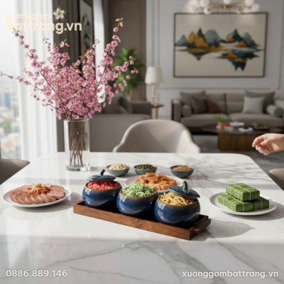 Bộ 3 Hũ Đựng Mứt Tết Men Hỏa Biến Dáng Bí nổi b...