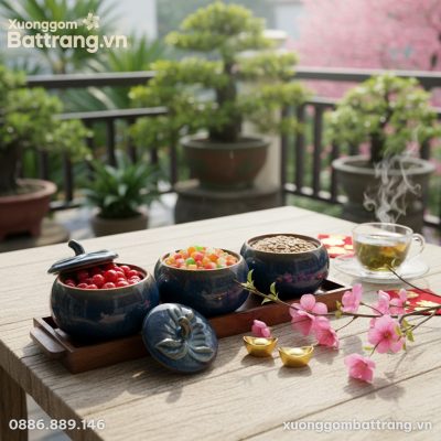 Cận cảnh Bộ 3 Hũ Đựng Mứt Tết Men Hỏa Biến Dáng...