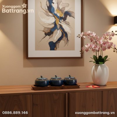 Bộ 3 Hũ Đựng Mứt Tết Men Hỏa Biến Dáng Bí Kèm K...