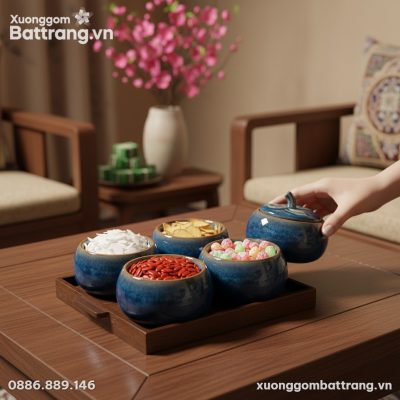 Cận cảnh bộ 4 hũ đựng mứt men hỏa biến Bát Tràn...