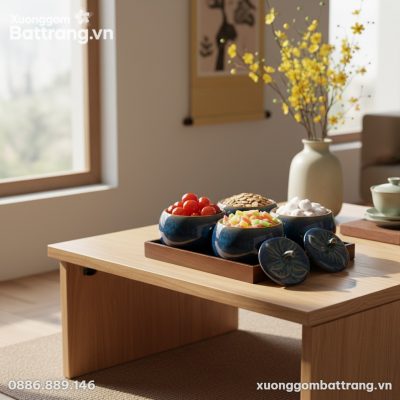 Bộ 4 hũ đựng mứt men hỏa biến Bát Tràng trên bà...